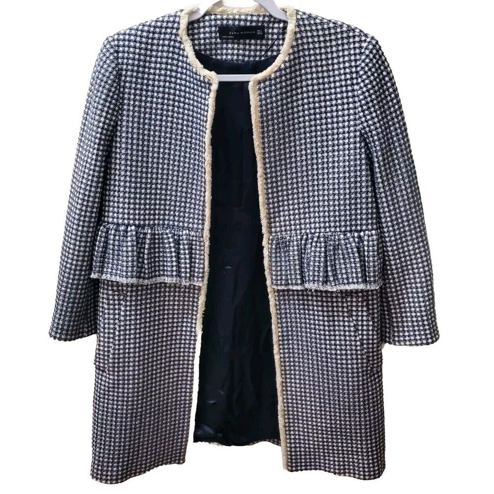 Zara Woman Navy‎ Blue White Tweed Check Ruffle Peplum Coat Jacket Small